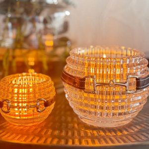 Thick Embossed Glass Candle Holders With Leather Snaffle Bit Neck Strap